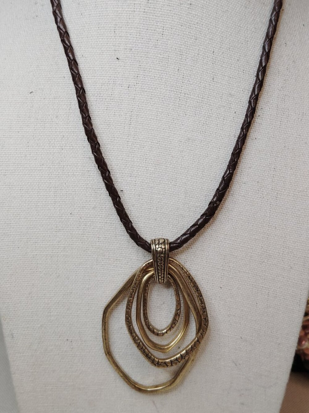 Braided Brown Leather Necklace w/ Gold Tone 4‑Ring Pendant – 14"+3"